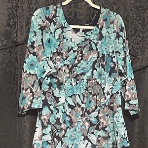 Navy Blue, Light Green Top with ruffles.